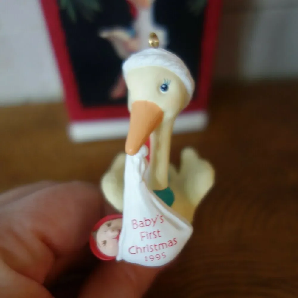 NEW Vintage Hallmark Ornament Baby's First Christmas Stork Holding Baby 1995